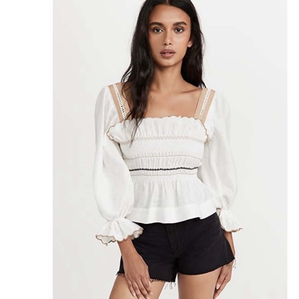 White Smocked Ruffled 3/4 Sleeve Blouse